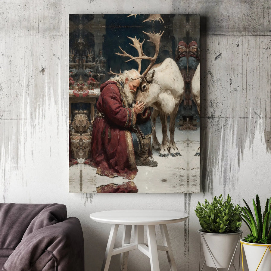 Santa Claus and Reindeer Canvas Wall Art | Emotional Winter Holiday Painting | Premium Gallery Wrap Decor | Festive Christmas Gift for Home