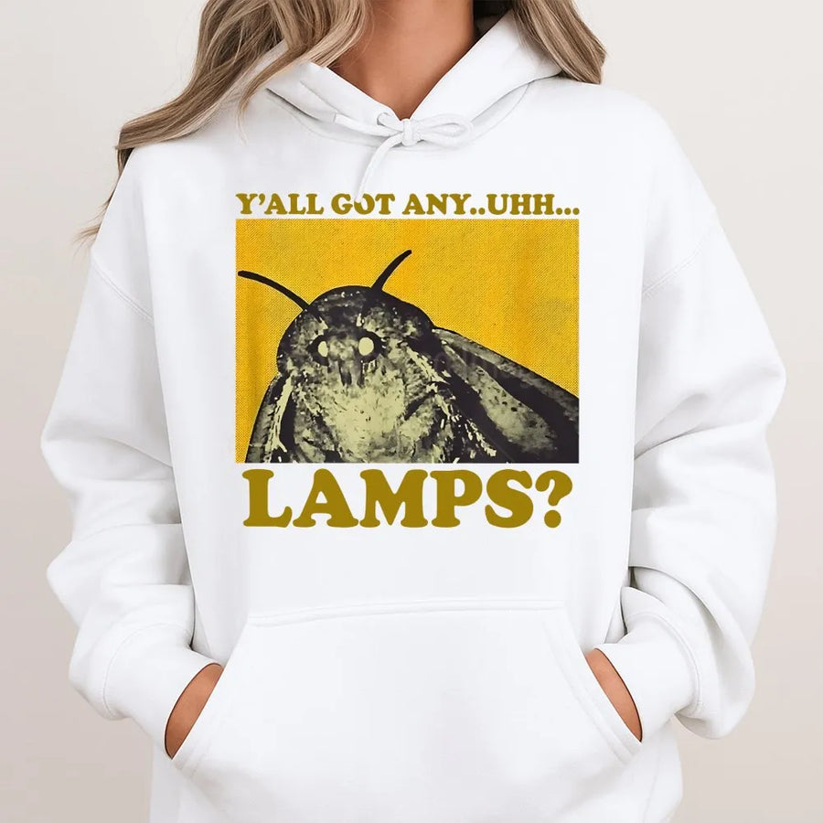 Moth Lamp Meme Hoodie | Y'all Got Any Uhh Lamps Funny Graphic | Premium Cotton Blend Pullover | Unisex Internet Culture Gift For Gamers