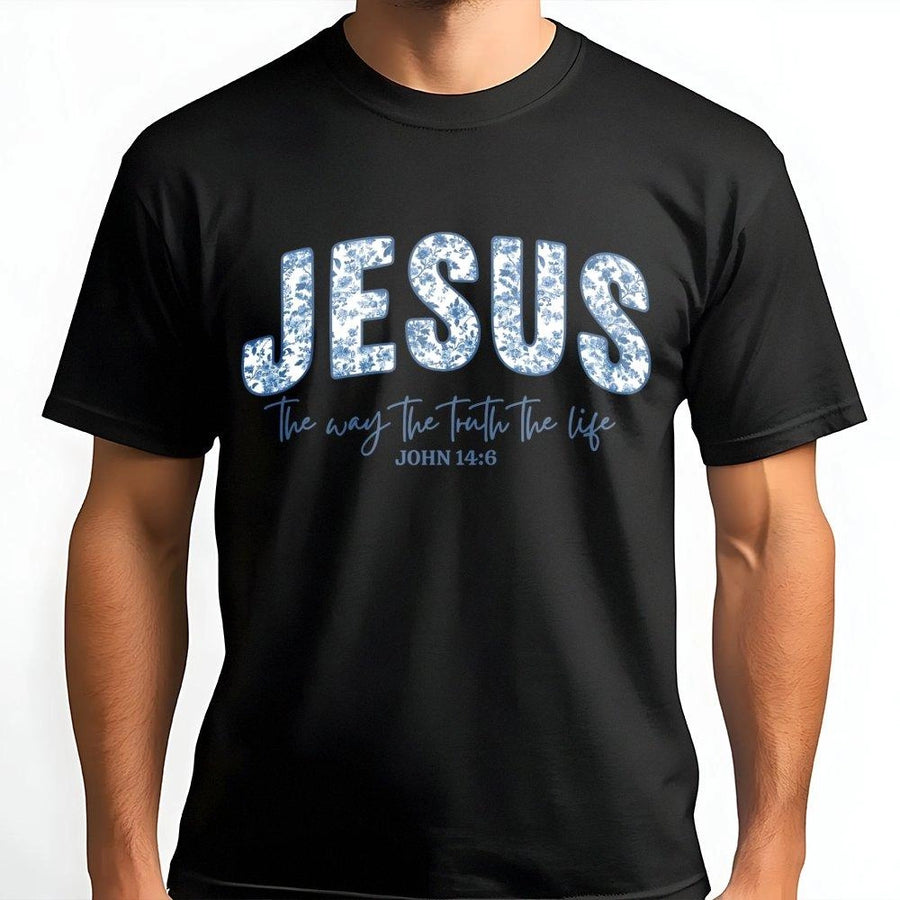 Jesus Bible Verse T-Shirt | Blue Floral Scripture Typography | Premium Cotton Tee | Christian Faith Gift for Men and Women