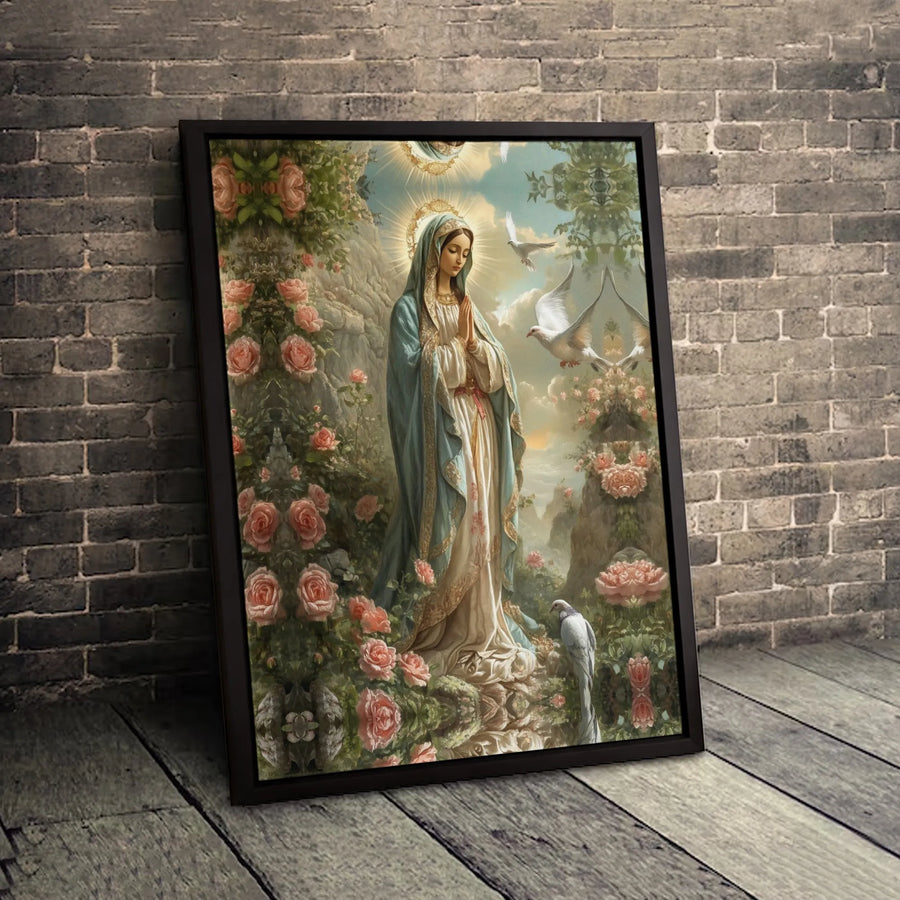Virgin Mary Canvas Print | Religious Art with Doves and Roses | Premium 1.25-inch Gallery Wrapped | Catholic Wall Decor Gift