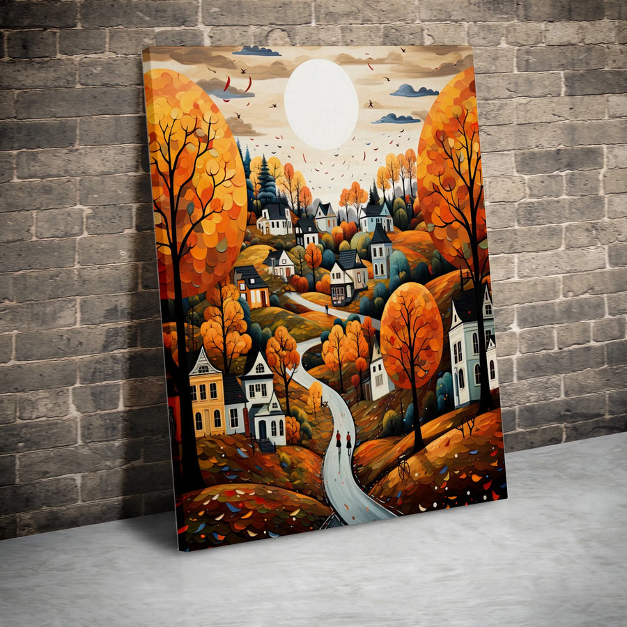 Autumn Village Canvas Wall Art | Whimsical Folk Art Landscape Print | Premium 1.25" Gallery Wrap | Seasonal Home Decor Gift