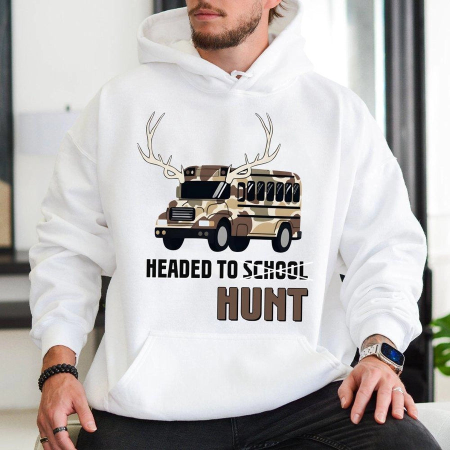 Headed To Hunt Hoodie | Camo School Bus Deer Antlers Graphic | Premium Cotton Blend | Gift For Hunters And Country Boys