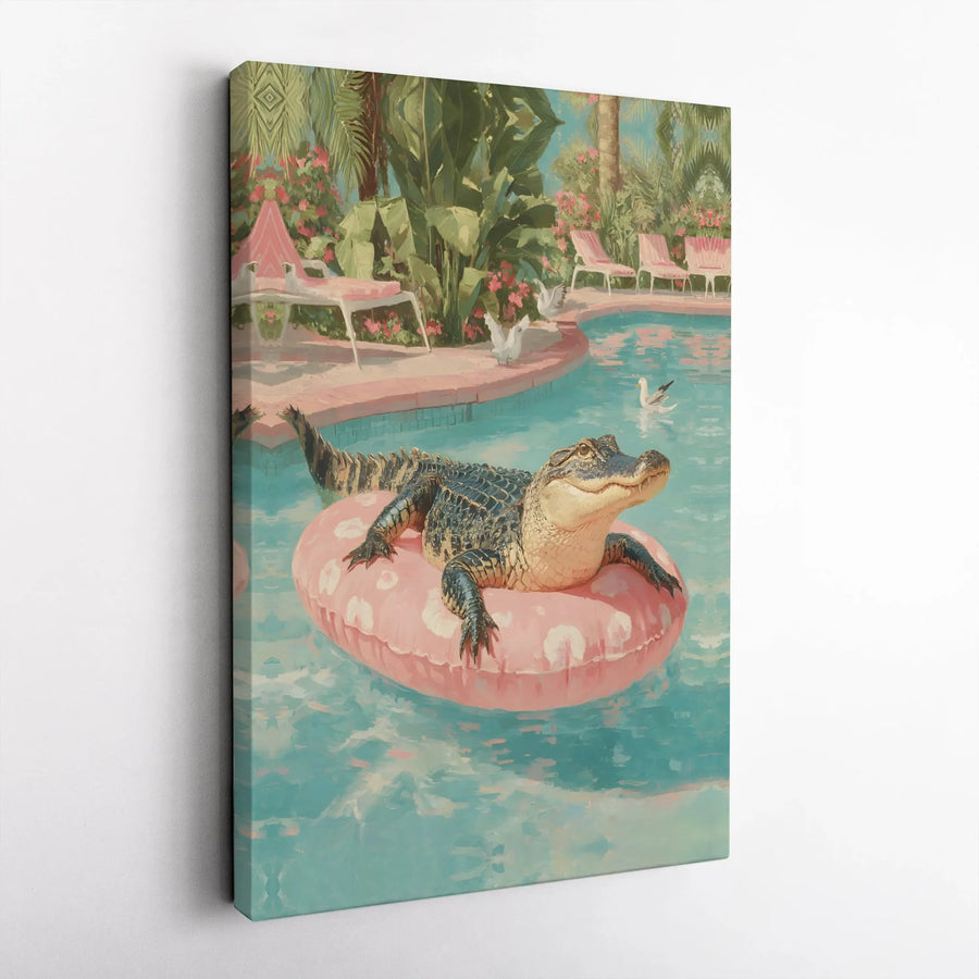 Alligator in Pool Canvas Wall Art | Surreal Retro Poolside Painting | Premium Gallery Wrap Canvas | Quirky Home Decor Gift