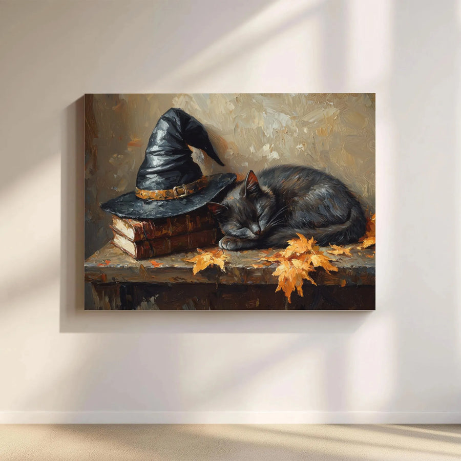 Black Cat Witch Hat Canvas Print | Cozy Autumn Wall Art | Premium 1.25" Gallery Wrap | Halloween Seasonal Decor Gift