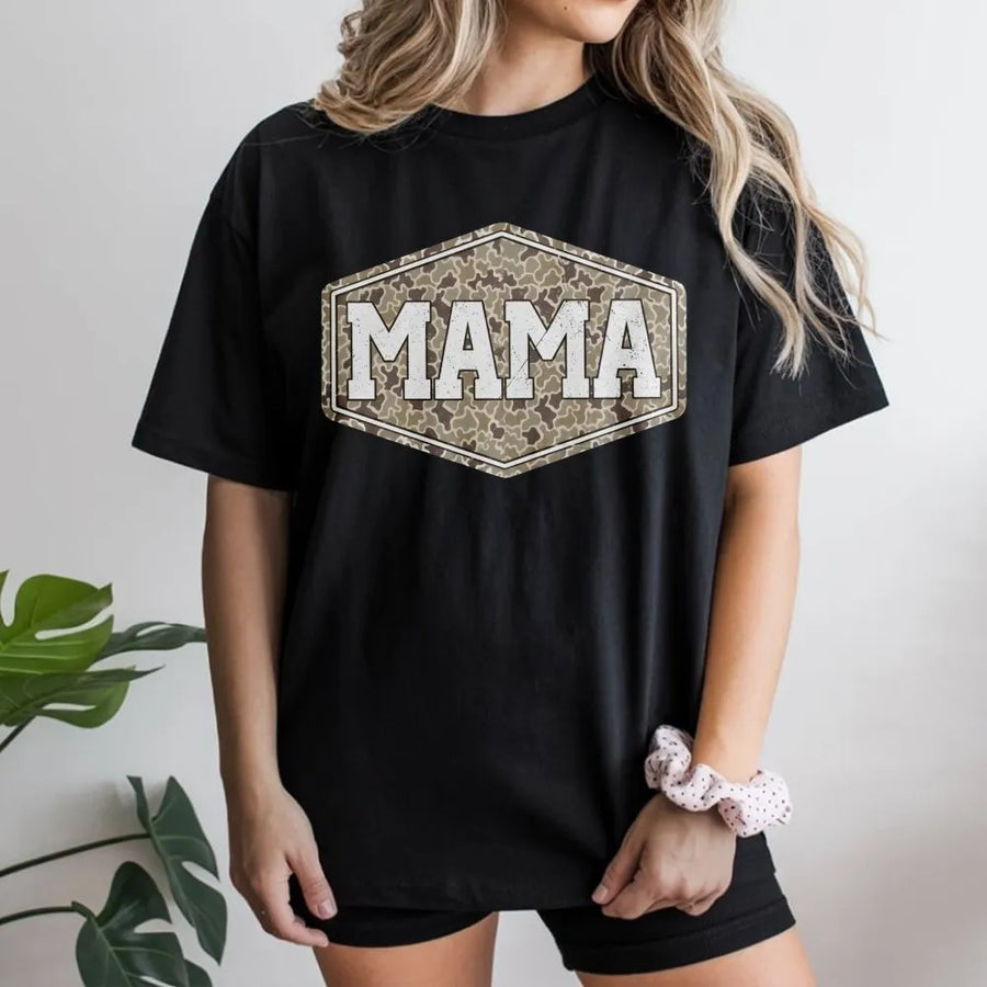 Camo Mama T-Shirt | Distressed Camouflage Hexagon Graphic | Premium Soft Cotton | Mother's Day 2026 Gift for Mom or Wife