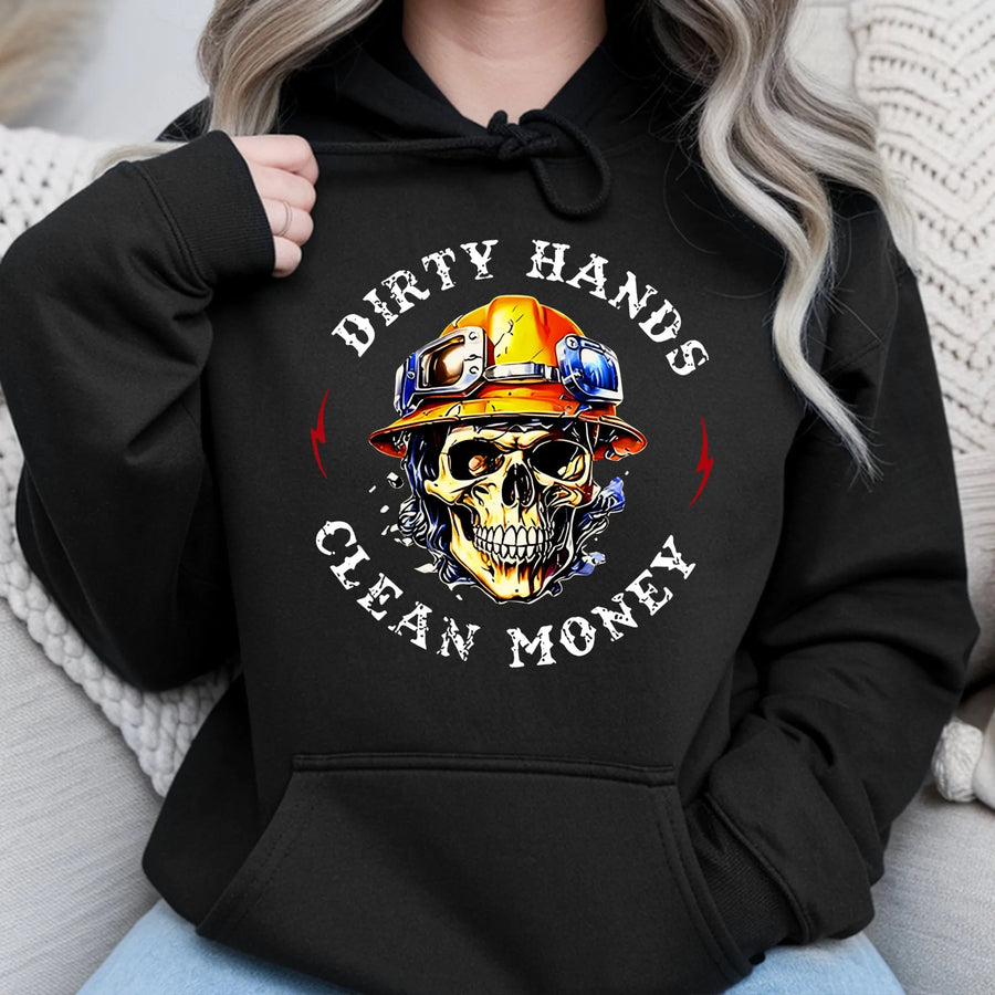 Dirty Hands Clean Money Hoodie | Skull Construction Worker Graphic | Premium Cotton Blend Workwear | Blue Collar Gift For Laborers