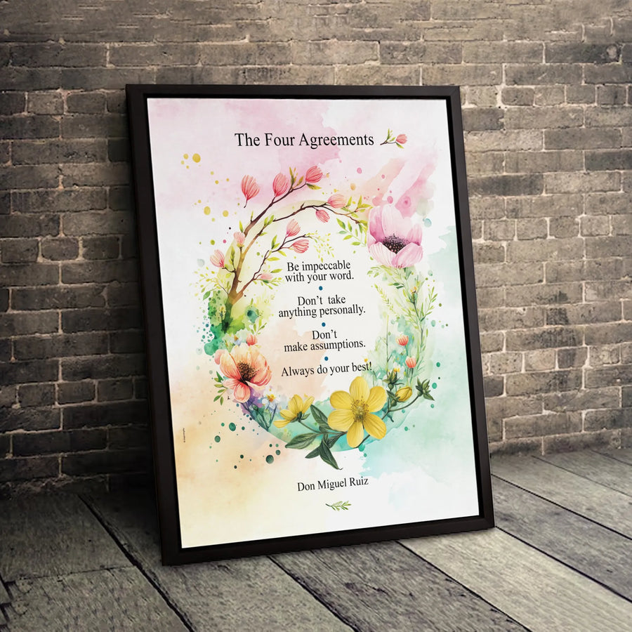 The Four Agreements Wall Art | Watercolor Floral Wreath Print | Premium Gallery Wrapped Canvas | Motivational Spiritual Decor Gift for Home