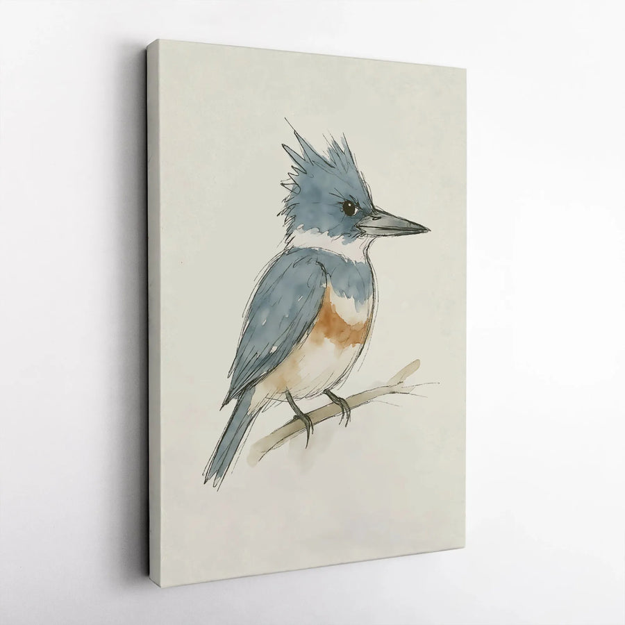 Belted Kingfisher Canvas Art | Watercolor Bird Sketch Wall Decor | Premium 1.25" Gallery Wrap | Nature Lover Gift & Office Decor