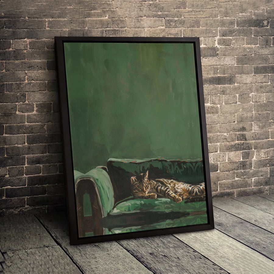 Tabby Cat On Green Couch Canvas Art | Moody Impressionist Style Wall Decor | Premium 1.25-Inch Gallery Wrap | Cozy Home Office Gift For Cat Lovers