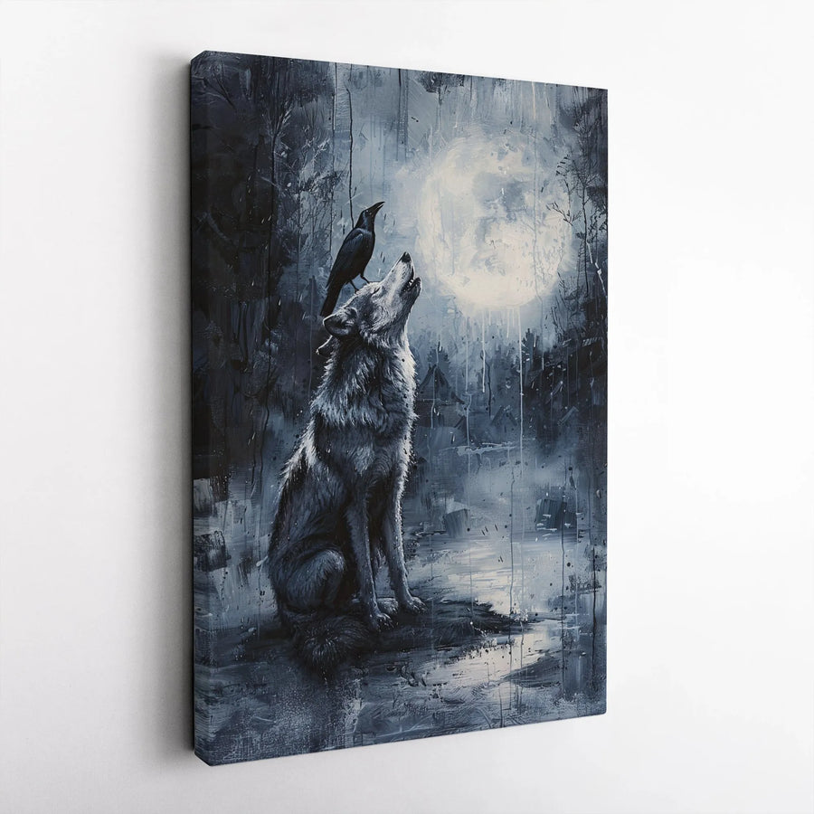 Wolf Howling At Moon Canvas Art | Gothic Crow Forest Wall Decor | Premium Fade-Resistant Print | Moody Wildlife Gift for Nature Lovers