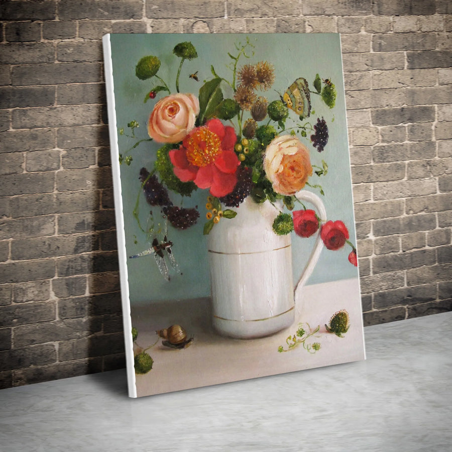 Vintage Floral Canvas Print | Still Life Wildflower Bouquet with Insects | Premium Gallery Wrapped Art | Farmhouse Kitchen Decor Gift