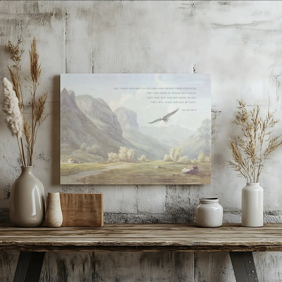 Isaiah 40:31 Bible Verse Canvas | Eagle Mountain Landscape Art | Premium Fade-Resistant Print | Christian Wall Decor Gift for Home or Office