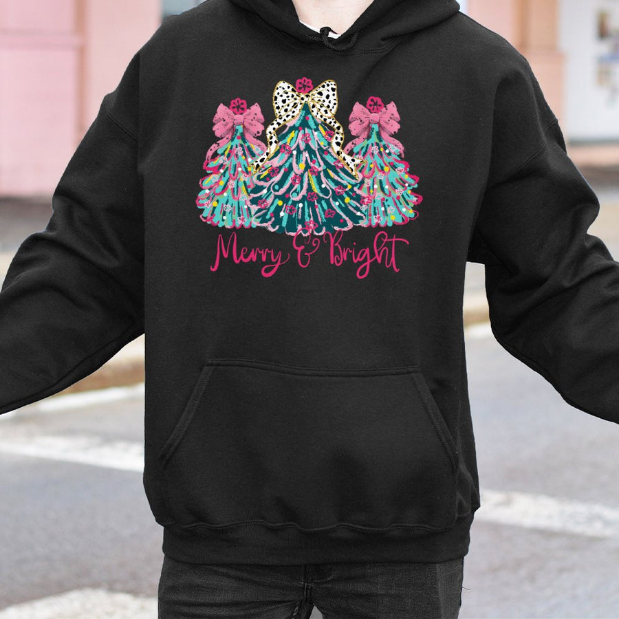 Merry And Bright Hoodie | Preppy Christmas Tree Coquette Bow Graphic | Premium Cotton Blend | Gift For Women & Teens