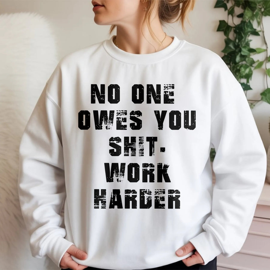 No One Owes You Shit Work Harder Sweatshirt | Motivational Gym Quote Graphic | Premium Cotton Blend | Hustle Aesthetic Gift for Men and Women