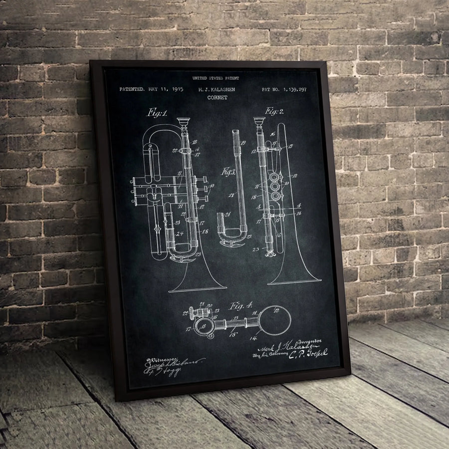 Cornet Patent Wall Art | Vintage Music Instrument Blueprint Drawing | Premium Gallery Canvas Print | Musician Gift & Home Office Decor