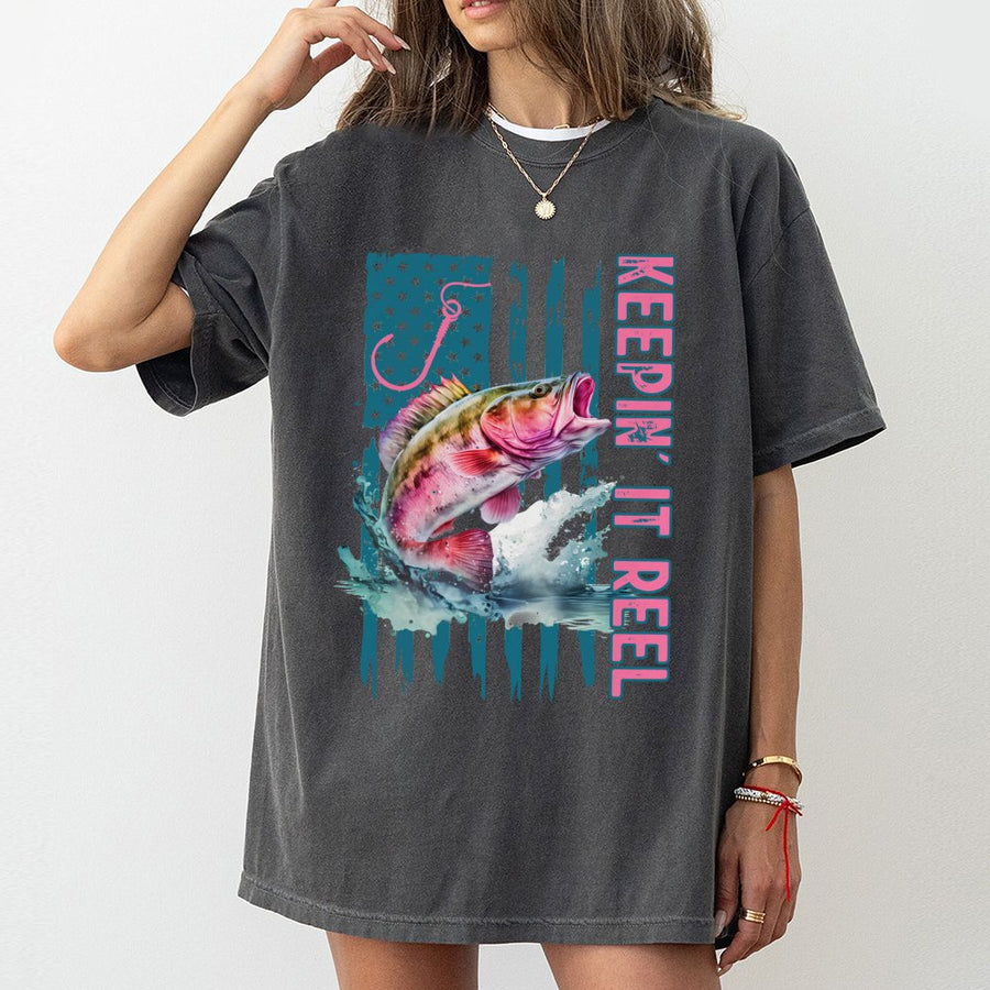 Keepin' It Reel Fishing T-Shirt | Patriotic American Flag Bass Design | Premium 100% Cotton | Country Girl Gift for Anglers