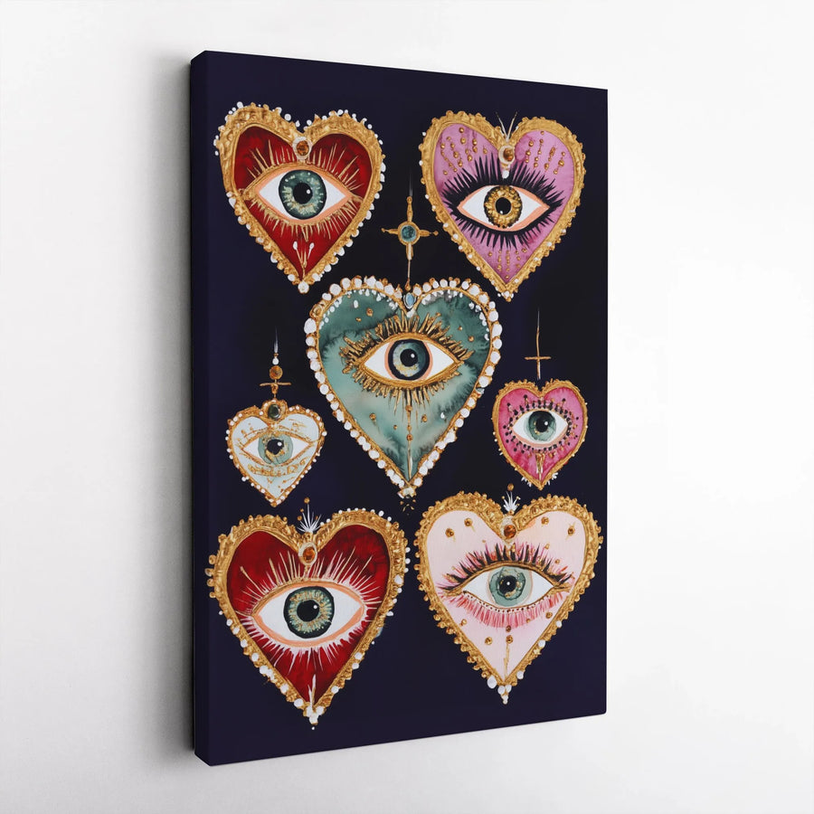 Mystical Evil Eye Canvas Wall Art | Sacred Hearts Spiritual Decor | Premium Gallery Wrap Print | Gothic Witchy Boho Home Decor Gift