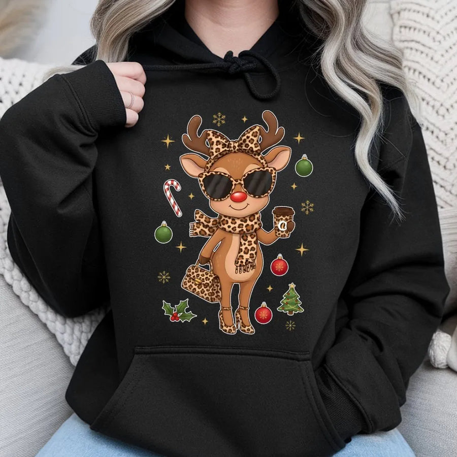 Boujee Reindeer Hoodie | Leopard Print Christmas Sweatshirt | Premium Cotton Blend | Chic Holiday Gift For Her