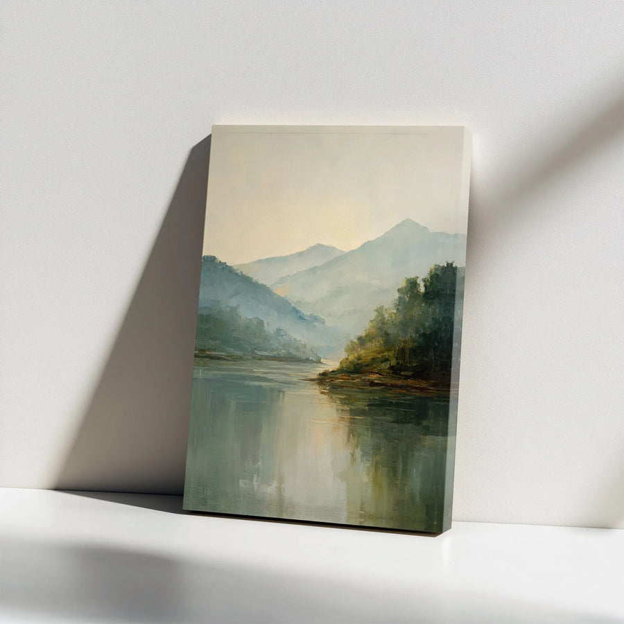 Misty Mountain Lake Vertical Canvas | Serene Forest River Landscape Art | Premium 1.25” Gallery Wrap | Calming Home Decor & Office Wall Art Gift