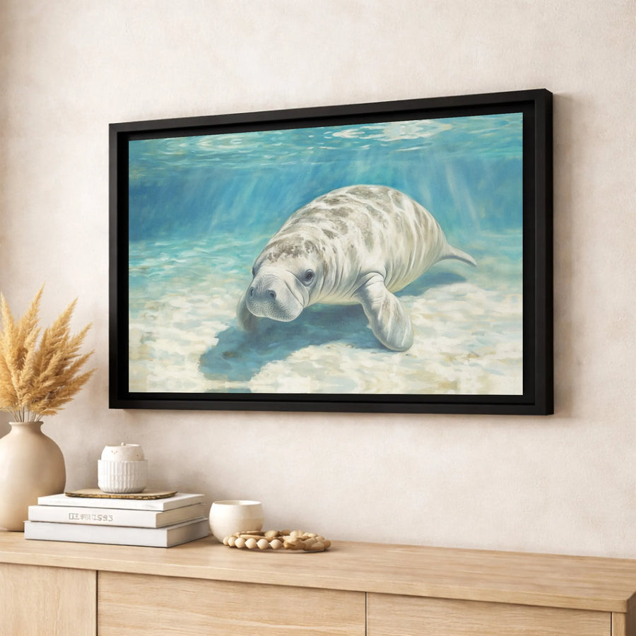 Manatee Wall Art | Realistic Underwater Ocean Painting | Gallery Quality Wrapped Canvas | Coastal Home Decor Gift for Sea Life Lovers