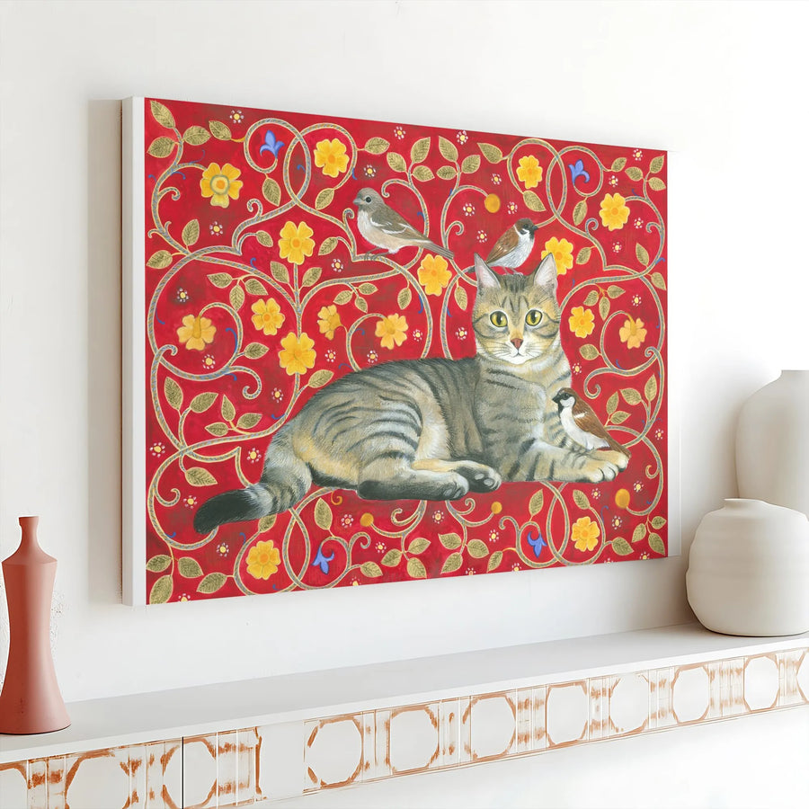 Medieval Cat and Birds Canvas Art | Vintage Tapestry Style Painting with Floral Pattern | Premium Gallery Quality Print | Unique Home Decor Gift for Cat Lover