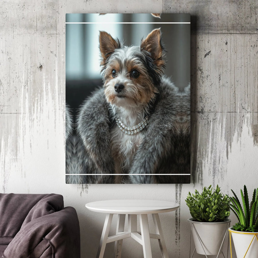 Yorkie Dog Canvas Wall Art | Posh Yorkshire Terrier in Fur Coat Portrait | Premium Gallery Wrap Decor | Gift for Dog Lovers
