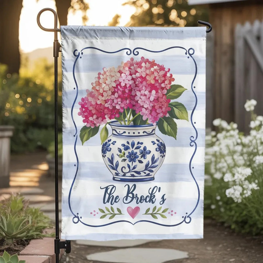 Hydrangea Garden Flag | Grandmillennial Chinoiserie Vase Print | Weather-Resistant Double Sided Fabric | Welcome House Flag Gift for Yard Decor