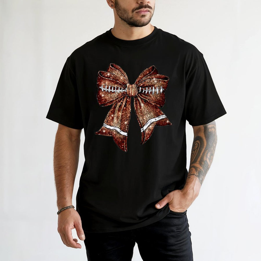 Football Bow T-Shirt | Glitter Coquette Aesthetic Graphic | 100% Cotton Premium Tee | Football Mom Game Day Outfit Gift