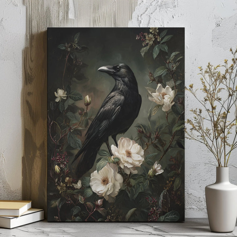 Gothic Raven Canvas Wall Art | Dark Academia Floral Aesthetic | Premium Gallery Wrap Print | Moody Victorian Home Decor Gift