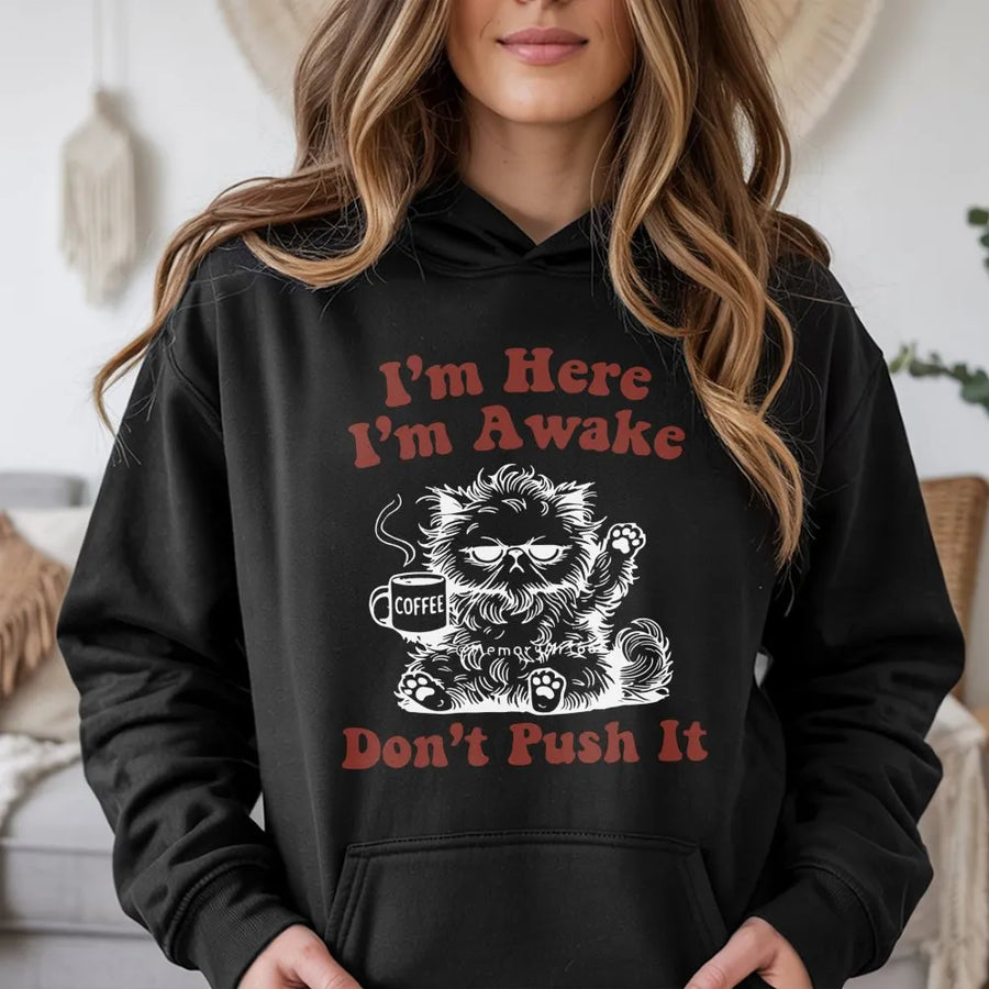 I'm Here I'm Awake Don't Push It Hoodie | Grumpy Persian Cat Coffee Lover Design | Premium Cotton Blend | Funny Sarcastic Gift for Cat Owners