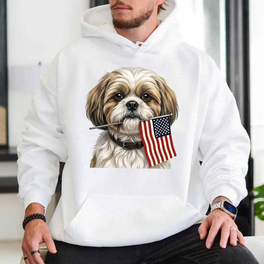 Patriotic Shih Tzu Hoodie | Dog with American Flag Graphic | Ultra-Soft Unisex Crewneck | 4th of July Gift for Dog Lover