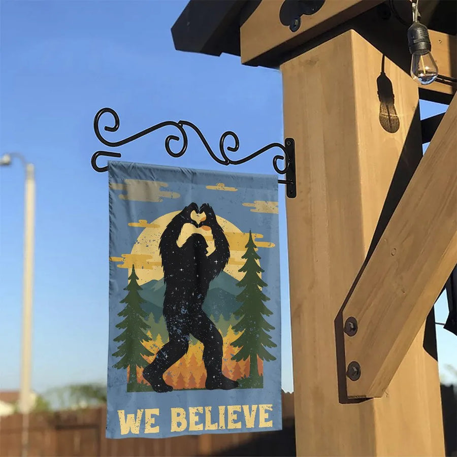 Bigfoot We Believe Garden Flag | Retro Sasquatch with Heart Hands | Double Sided Polyester | Outdoor Yard Decor Gift for Believers