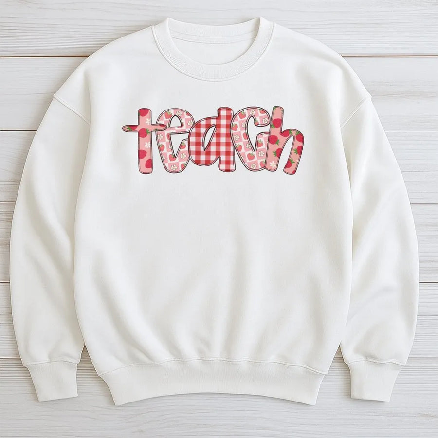 Teacher Sweatshirt | Strawberry Gingham Graphic Tee | Soft Cotton Top | Back to School Gift for Educators