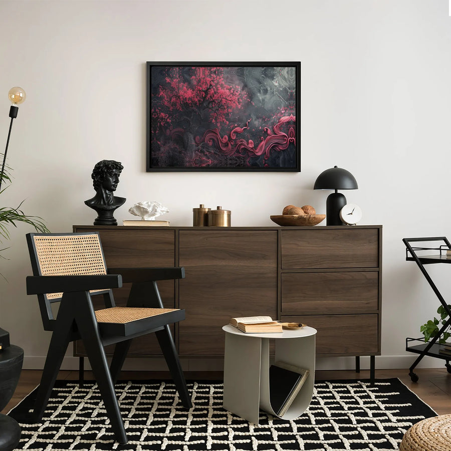 Dark Fantasy Cherry Blossom Canvas | Pink Sakura Tree With Surreal Swirls | Premium Gallery-Wrapped Art | Moody Bedroom Wall Decor