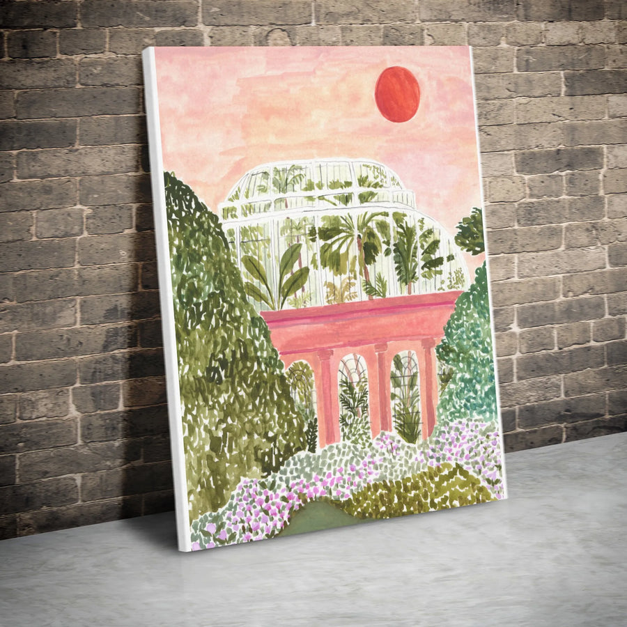 Watercolor Palm House Vertical Canvas | Tropical Greenhouse Illustration | Premium Canvas Print | Boho Wall Decor Gift for Plant Lover