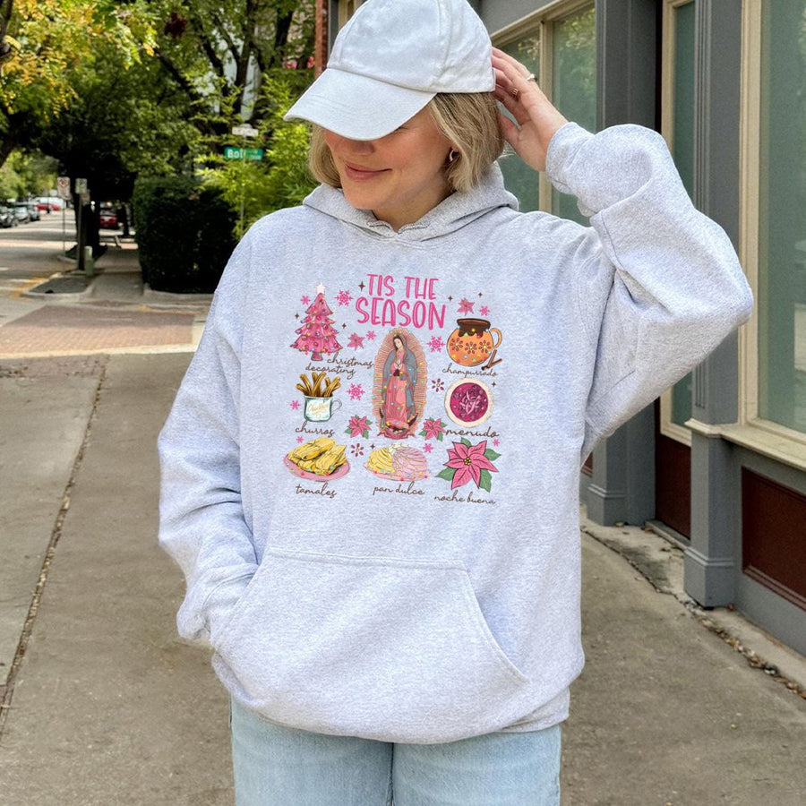 Mexican Christmas Hoodie | Tis The Season Food Graphic | Soft Cotton-Polyester Premium Pullover | Latino Heritage Holiday Gift For Family