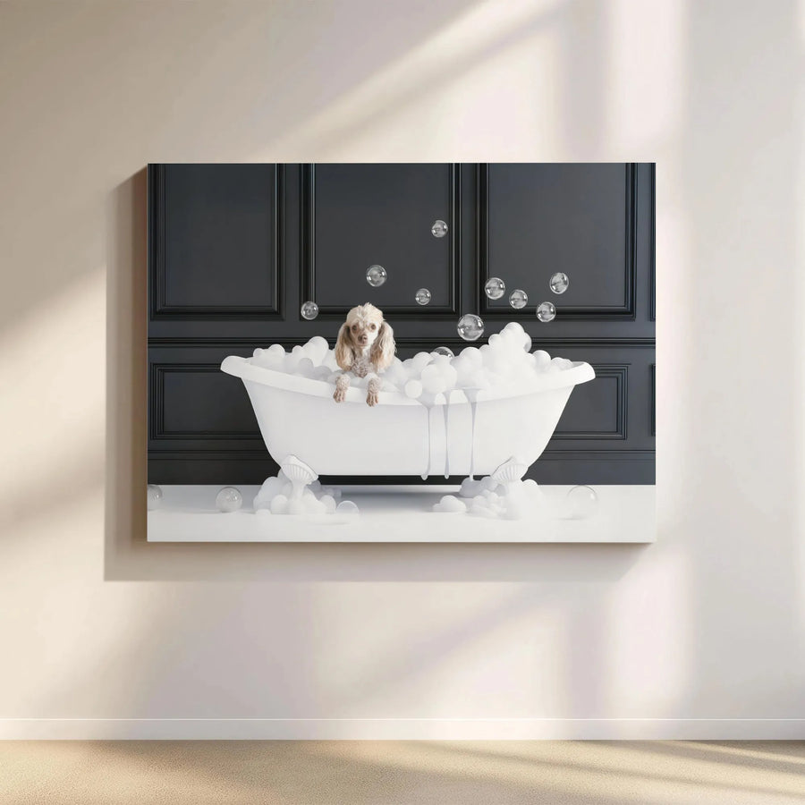Dog In Bathtub Canvas Wall Art | Whimsical Puppy Bubble Bath Print | Premium Gallery Wrap 1.25" Frame | Bathroom Decor Gift For Dog Lovers