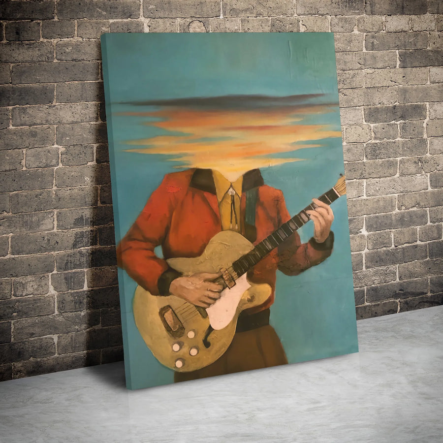 Surrealist Guitarist Canvas Print | Sunset Cloud Head Wall Art | Premium Gallery Wrap Decor | Musician Gift for Music Lover