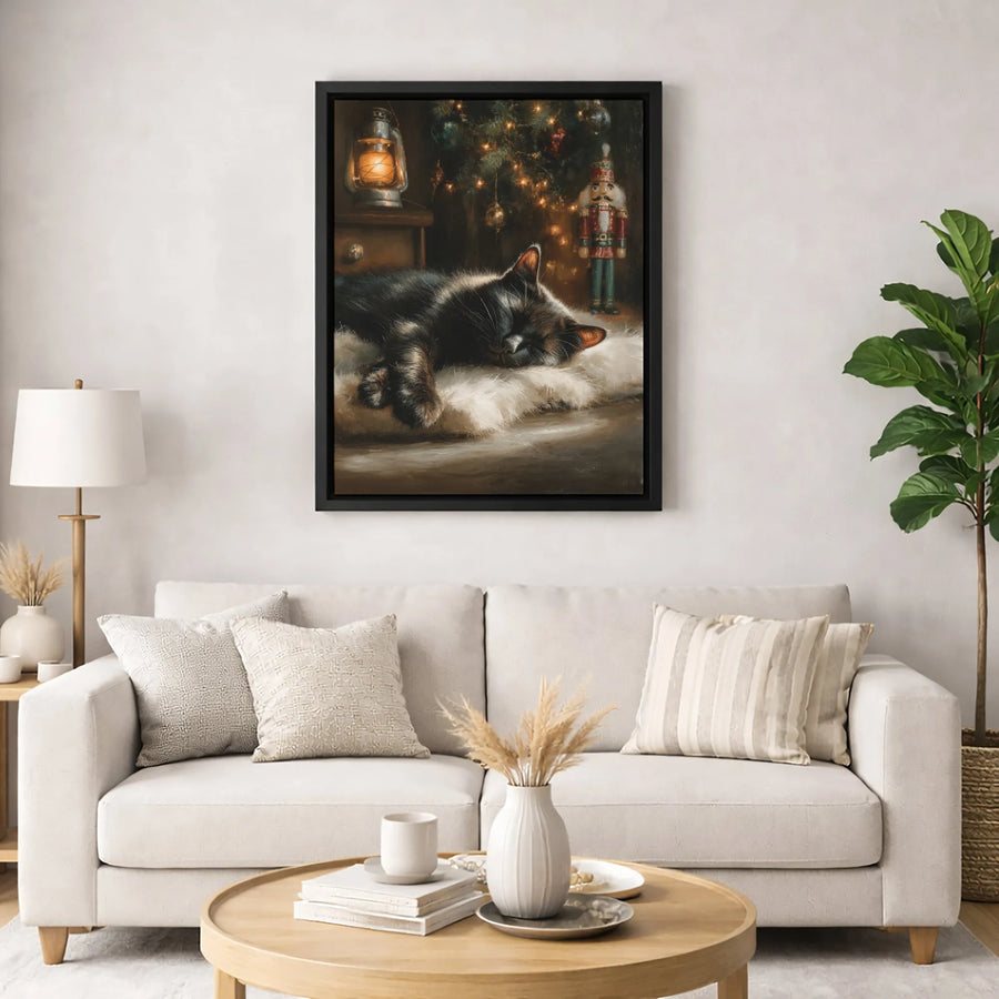 Sleeping Black Cat Canvas Wall Art | Christmas Tree & Nutcracker Design | Premium Fade-Resistant Print | Cozy Holiday Home Decor Gift