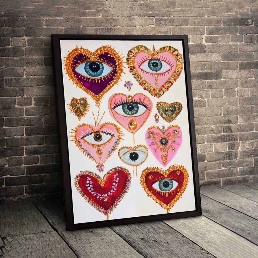 Evil Eye Heart Wall Art | Ornate Jeweled Bohemian Decor | Premium Fade-Resistant Canvas | Boho Aesthetic Gift for Her