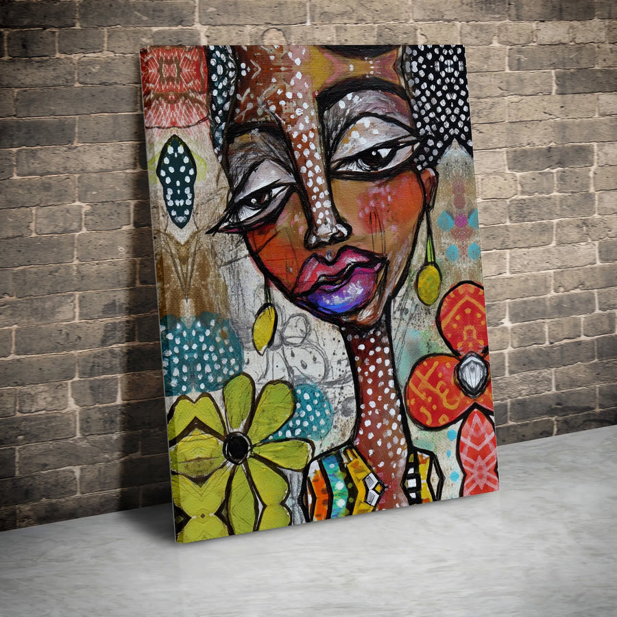 Abstract Black Woman Canvas Print | Colorful Modern Folk Art Portrait | Premium Fade-Resistant Ink | Living Room Wall Decor Gift