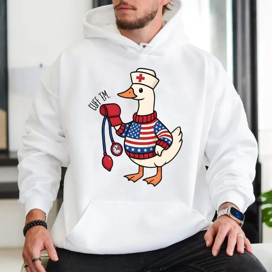 Funny Nurse Goose Hoodie | Patriotic 4th of July Design | Soft Cotton Blend | Silly Gift for ER & RN Nurses