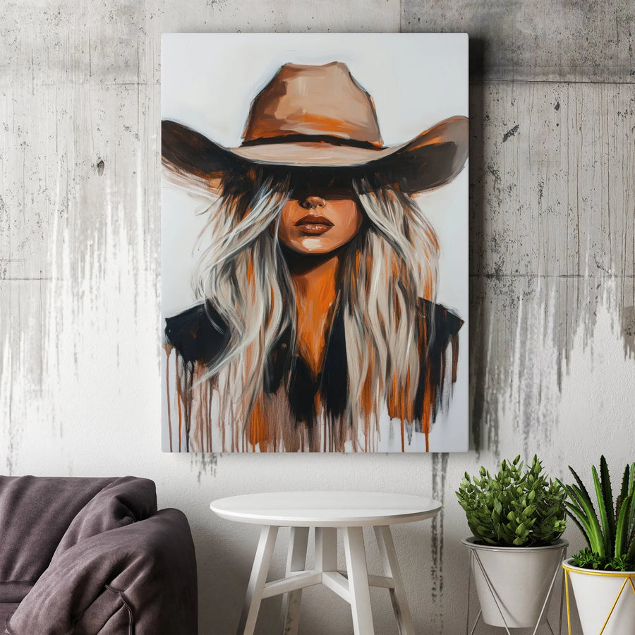 Western Cowgirl Canvas Wall Art | Abstract Blonde Woman Portrait | Premium Gallery Wrap Decor | Country Chic Home Gift For Her