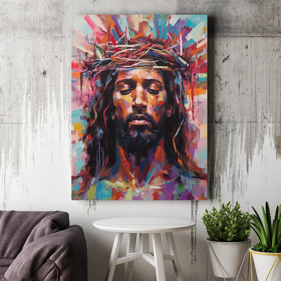 Jesus Crown Of Thorns Canvas Wall Art | Colorful Abstract Religious Portrait | Gallery Wrapped Premium Print | Spiritual Home Decor Gift
