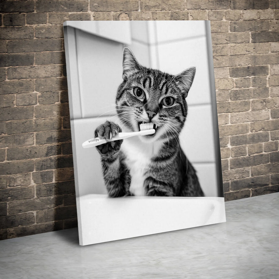 Funny Cat Brushing Teeth Canvas Art | Black and White Bathroom Wall Decor | Premium Fade-Resistant Gallery Wrap | Whimsical Animal Lover Gift