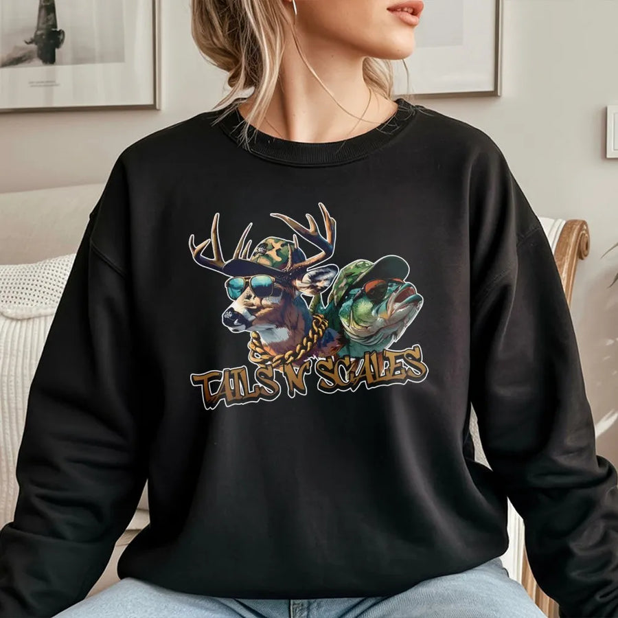Tails N Scales Sweatshirt | Funny Deer And Bass Hunting Fishing Graphic | Premium Cotton Blend | Gift For Hunters And Anglers