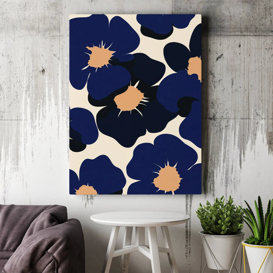 Modern Floral Vertical Canvas | Abstract Navy Blue Flower Pattern | Premium Gallery Wrapped Print | Contemporary Living Room & Office Wall Decor Gift