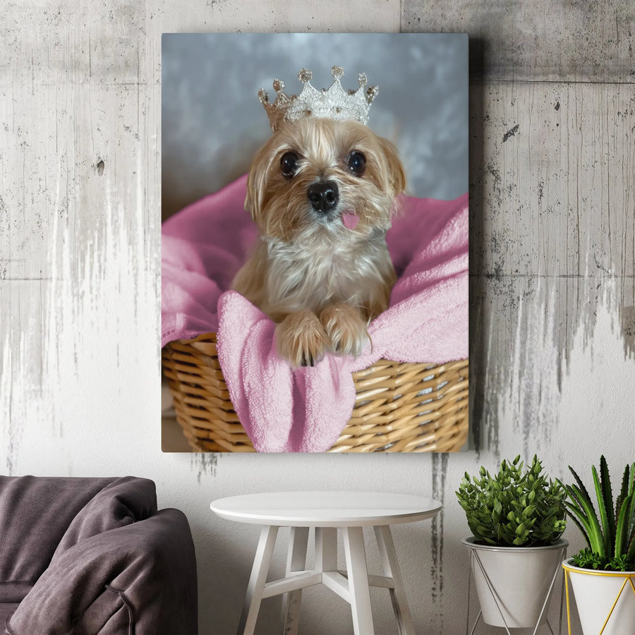 Cute Puppy In Crown Canvas Wall Art | Adorable Dog With Tiara In Basket | Premium Gallery-Wrapped Print | Gift For Dog Lovers & Pet Owners