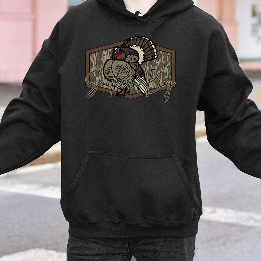Southern Boy Turkey Hunting Hoodie | Camo Graphic Print Sweatshirt | Premium Cotton-Poly Blend | Gift for Outdoorsmen and Hunters