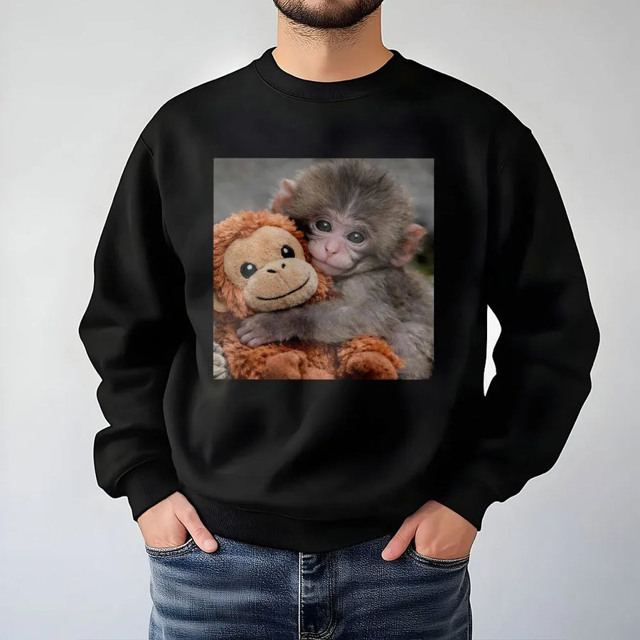 Baby Monkey Sweatshirt | Cute Monkey Hugging Plushie Graphic | Cozy Cotton-Blend Sweatshirt | Premium Gift for Animal Lovers